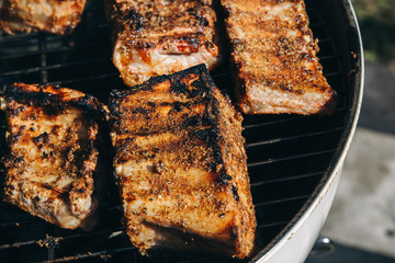 grilling meats in the spices in the yard