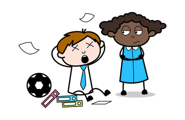 Man Fall Down Due to Dizziness in Front of a Lady - Office Salesman Employee Cartoon Vector Illustration