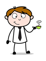 Holding a Hot Cup of Tea - Office Salesman Employee Cartoon Vector Illustration