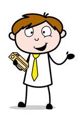 Obraz premium Happy Student Holding a Book in Hand And Gesturing with Hand - Office Salesman Employee Cartoon Vector Illustration