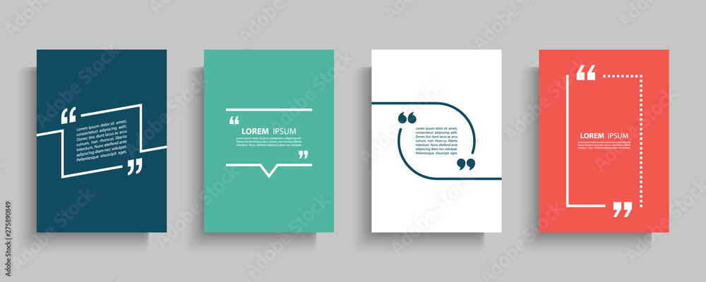 Poster Quote frames blank templates set. Text in brackets, citation empty speech bubbles, quote bubbles. Textbox isolated on color background. Vector illustration.