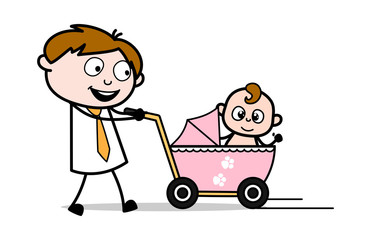 Obraz na płótnie Canvas Strolling with a Baby in Baby Stroller - Office Salesman Employee Cartoon Vector Illustration