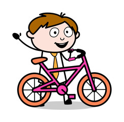 Walking with Bicycle and Waving Hand - Office Salesman Employee Cartoon Vector Illustration