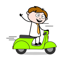 Waving Hand While Riding Scooter - Office Salesman Employee Cartoon Vector Illustration