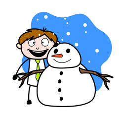 Standing with Snowman - Office Salesman Employee Cartoon Vector Illustration