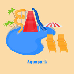 Cartoon Family water park with slides, pool and chaise-longue under umbrella. Summer vacation entertainment, active holiday rest. Flat Aqua park extreme attraction