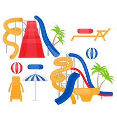 Flat Aqua park equipment. Cartoon Family water park with slides, lifebuoy, chaise-longue and umbrella. Summer vacation entertainment, active holiday rest