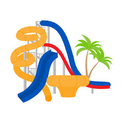 Cartoon Family water park with slides and pool. Flat summer vacation entertainment, active holiday rest. Aqua park extreme attraction