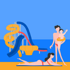 Cartoon Family water park with slides, beach and playground. Summer vacation entertainment, active holiday rest. Flat Aqua park kids attraction