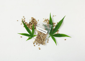 Hemp seed and leaves on white wooden background.-image