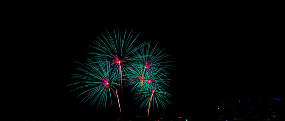 Beautiful colorful fireworks display on the sea beach, Amazing holiday fireworks party or any celebration event in the dark sky.