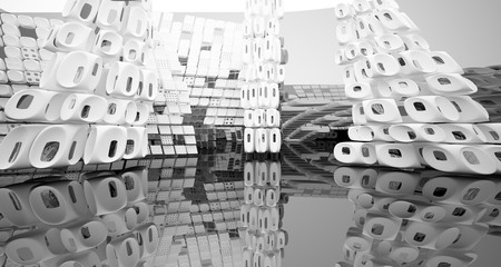 Abstract dynamic interior with black and white smooth objects. 3D illustration and rendering