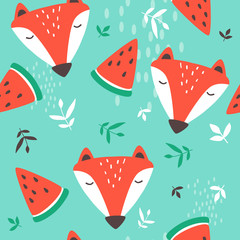 Muzzle of foxes, hand drawn backdrop. Colorful seamless pattern with muzzles of animals, watermelons, leaves. Cute wallpaper, good for printing. Overlapping background vector. Design illustration