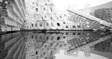 Abstract dynamic interior with black and white smooth objects. 3D illustration and rendering