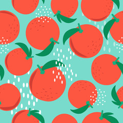Fresh oranges, leaves background. Hand drawn overlapping backdrop. Colorful wallpaper vector. Seamless pattern with citrus fruits. Decorative illustration, good for printing