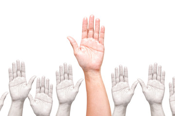Multiple of Male Caucasian hand gestures isolated over the white background.THUMB UP with Hand UP Background.