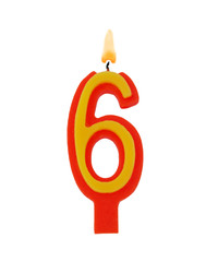 Burning birthday candles isolated on white background, number 6
