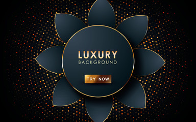 Luxury black background. Realistic overlap layers with golden list and golden glitters.