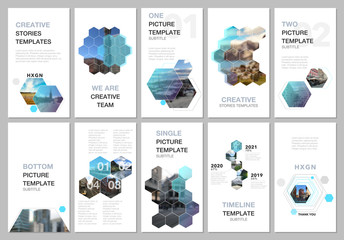 Creative social networks stories design, vertical banner or flyer templates with hexagones and hexagonal shapes on white background. Covers design templates for flyer, leaflet, brochure, presentation