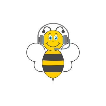 Bee with headphones isolated on a white 