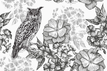 Sitting owl and seamless floral pattern with phlox and roses. Hand-drawn, vector illustration. - 275895023