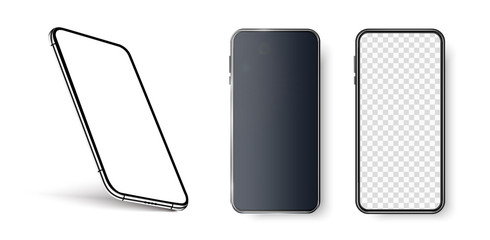 Smartphone frame less blank screen, rotated position. 3d isometric illustration cell phone.Realistic smartphone perspective view. Template for infographics or presentation UI design interface.