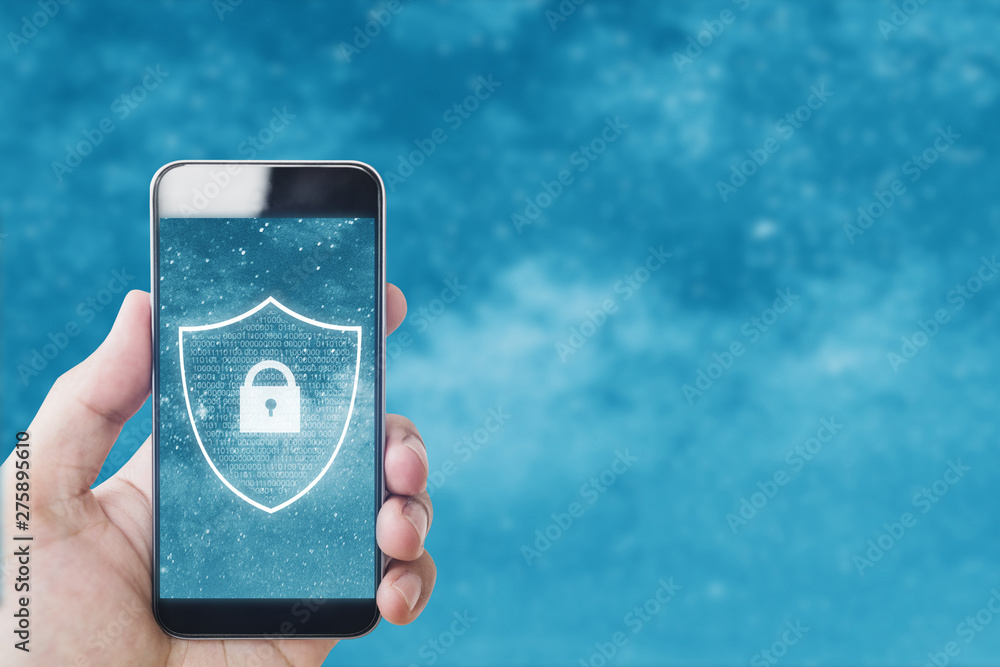 Poster mobile phone safety and internet online security system. hand using mobile smart phone with lock ico