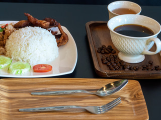 Meal of breakfast with hot coffee and tea