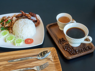 Meal of breakfast with hot coffee and tea