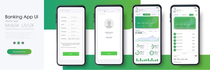Fotobehang Banking App UI, UX Kit for responsive mobile app or website with different GUI layout including Login, Create Account, Profile, Transaction and Notification screens. Vector illustration © ZinetroN