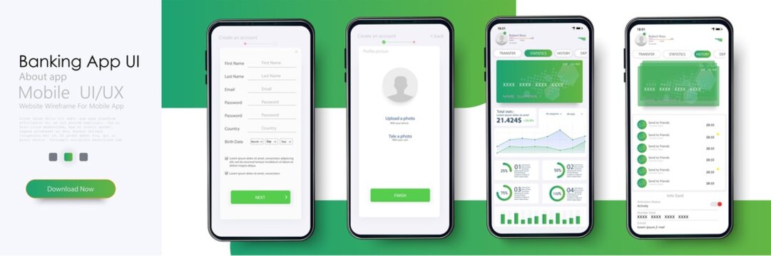 Banking App UI, UX Kit for responsive mobile app or website with different GUI layout including Login, Create Account, Profile, Transaction and Notification screens. Vector illustration