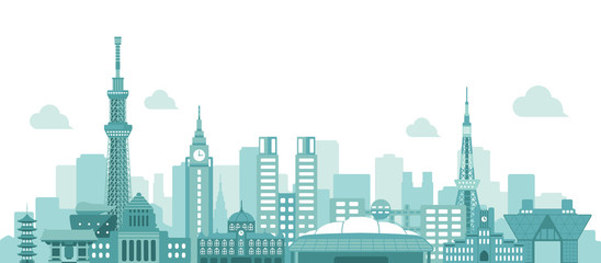 Obraz premium Tokyo skyline flat vector illustration. Tokyo landmark buildings.