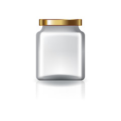 Blank clear square jar with gold lid for supplements or food product. Isolated on white background with reflection shadow. Ready to use for package design. Vector illustration.