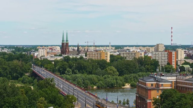 City of Warsaw in Poland, aerial view of Solidarity Avenue and bridge on Vistula River, skyline of Praga district.