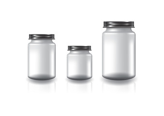 3 sizes of blank clear round jar with black screw lid for supplements or food product. Isolated on white background with reflection shadow. Ready to use for package design. Vector illustration.
