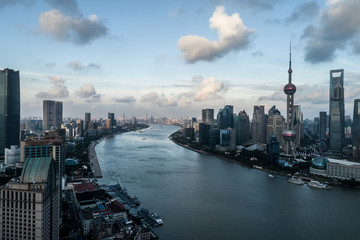 Fototapeta na wymiar aerial view of Lujiazui, Shanghai city, landmarks of Shanghai with Huangpu river in the afternoon