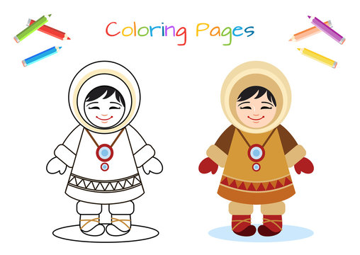 Funny little Eskimo, national ethnic clothing. Copy the picture. Coloring book. Educational game for children. Cartoon vector illustration
