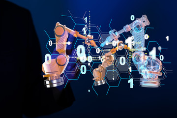 Industry 4.0 concept -  Robot arm in smart factory background.