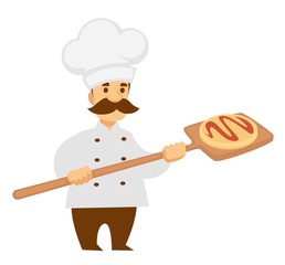 Chef cook with pizza on wooden spade isolated male character