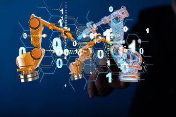 Industry 4.0 concept -  Robot arm in smart factory background.