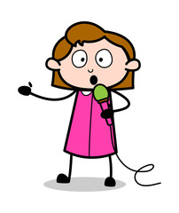 Giving Speech - Retro Office Girl Employee Cartoon Vector Illustration