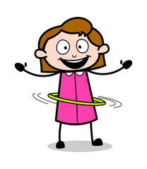 Playing with Hula Hoop - Retro Office Girl Employee Cartoon Vector Illustration