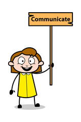 Presenting a Communicate Signboard - Retro Office Girl Employee Cartoon Vector Illustration