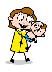Mother Playing with Baby - Retro Office Girl Employee Cartoon Vector Illustration