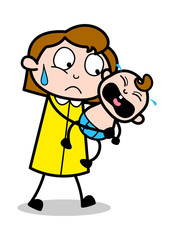 Baby Sitter Handling a Crying Baby - Retro Office Girl Employee Cartoon Vector Illustration