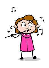 Playing Flute - Retro Office Girl Employee Cartoon Vector Illustration