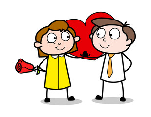 Lover Presenting Rose - Retro Office Girl Employee Cartoon Vector Illustration