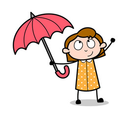 Holding an Umbrella and Playing - Retro Office Girl Employee Cartoon Vector Illustration