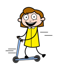 Playing with Scooter - Retro Office Girl Employee Cartoon Vector Illustration