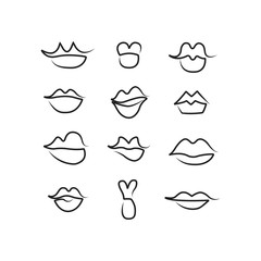 Vector set of one line lips isolated on white. Part of the human body. Lips shape. Facial expressions.